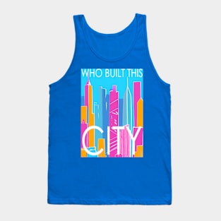 Who built this city! , Skyline in the sea border, pastel color, pink, cyan, chalk art Tank Top